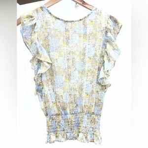 Pleione Floral Ruffle Sleeve Blouse - Blue and Yellow